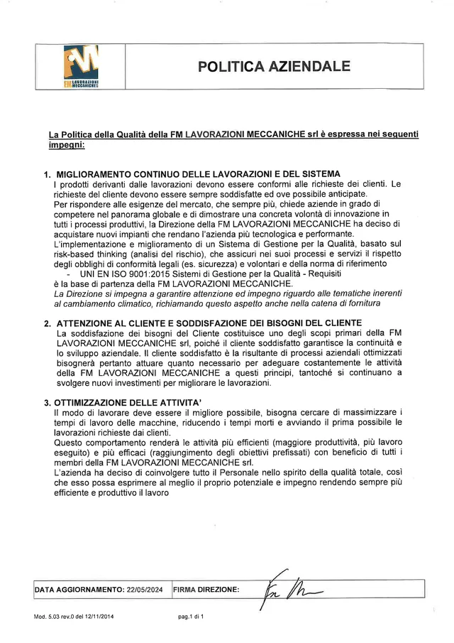 Anteprima del documento Politica Aziendale di FM Lavorazioni Meccaniche