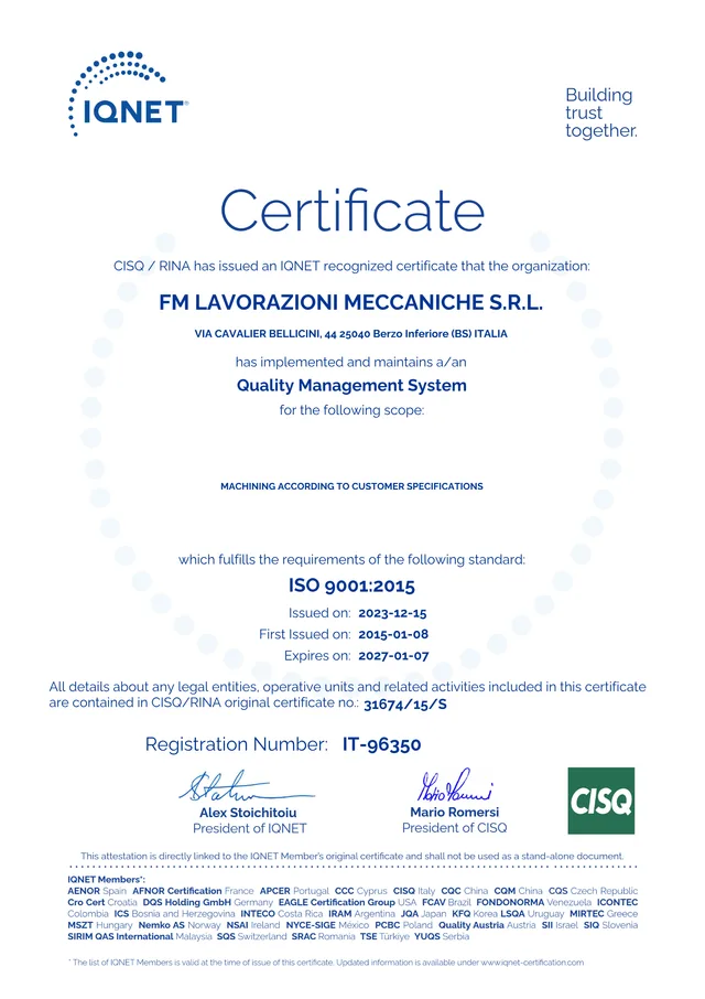 Anteprima del certificato IQNet ISO 9001:2015 di FM Lavorazioni Meccaniche
