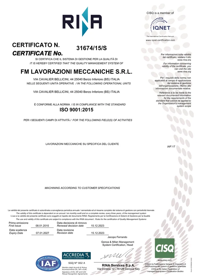 Anteprima del certificato ISO 9001:2015 RINA di FM Lavorazioni Meccaniche